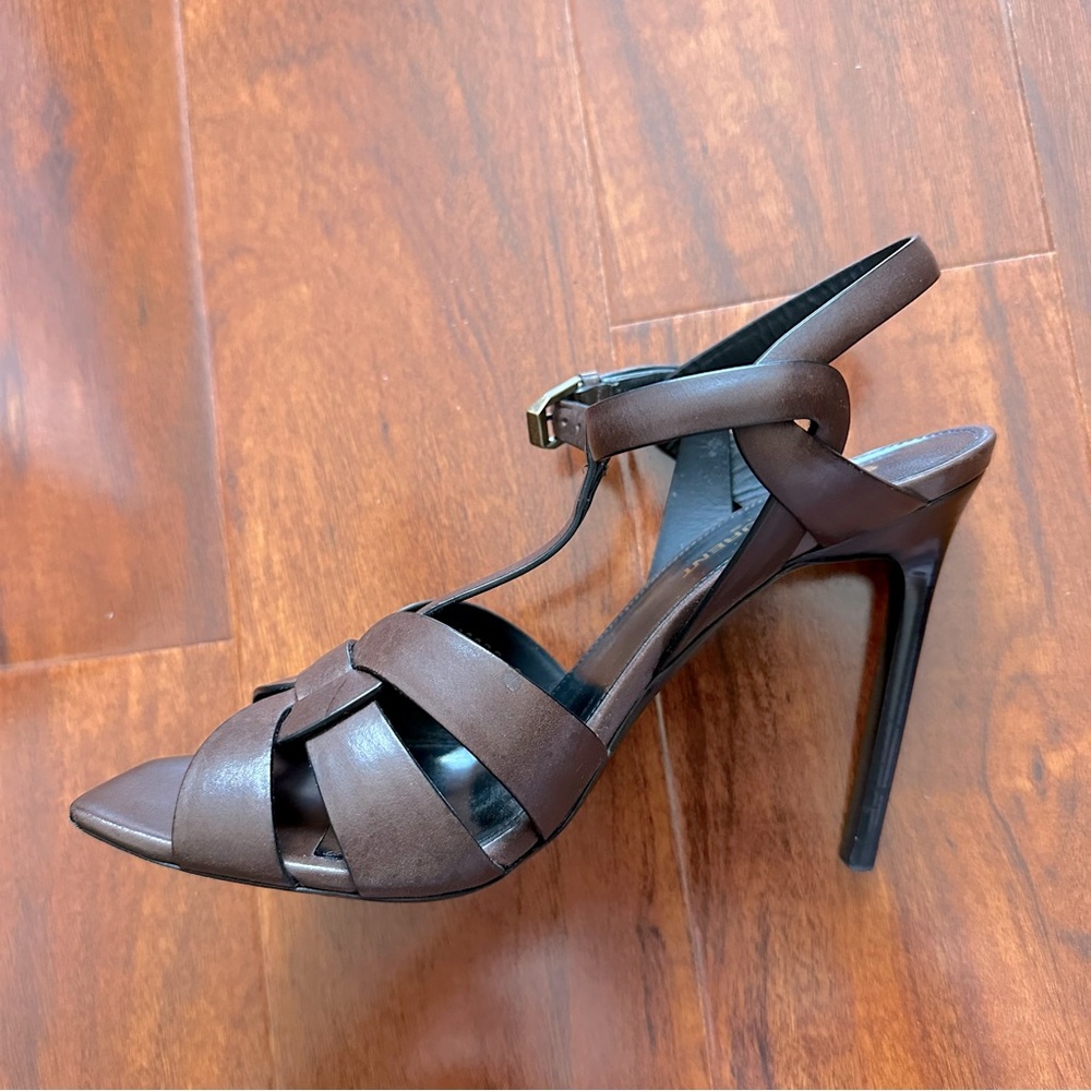 Saint Laurent Tribute Toffee Brown Woven Calf Leather High Heeled Sandals - Picture 11 of 15